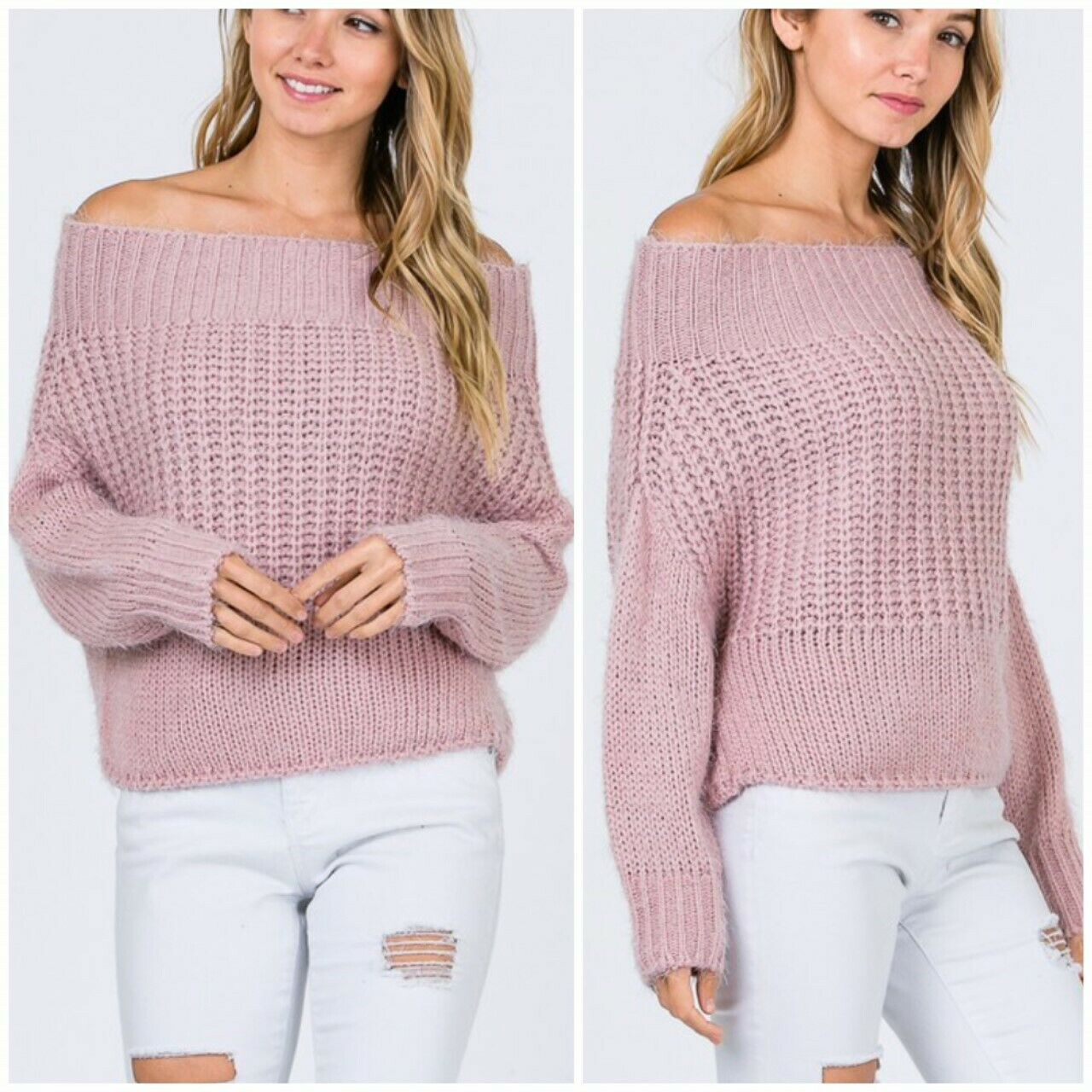 Blush Pink Off Shoulder Knit Long Sleeve Sweater Womens Casual