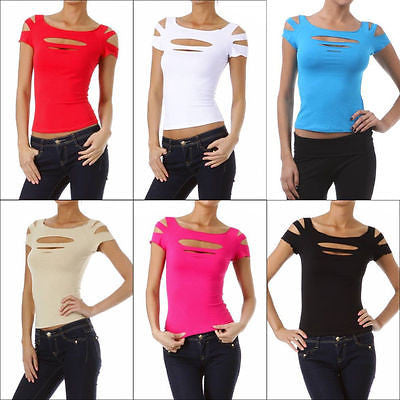 Short Sleeve Top Solid Slashed Laser Cut Keyhole Stretchy Tight Club