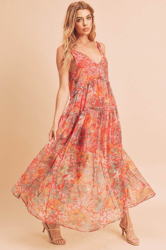 Violetta - Red Floral Tiered Sleeveless Maxi Dress