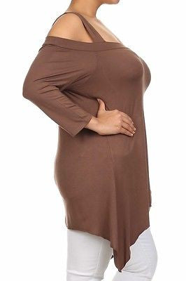 Plus Top Cold Open Shoulder Size Solid Asymmetrical Tunic Women Sexy