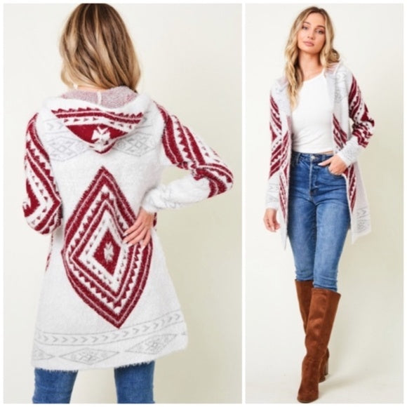 Wine Fuzzy Soft Knit Long Sleeve Aztec Tribal Native Western Cardigan Sweater