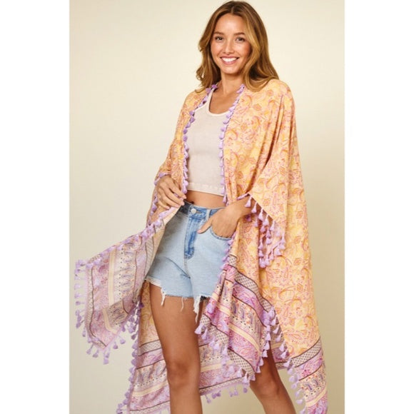 Lavender Paisley Printed Kimono Wrap Bohemian Cardigan w/ Tassels Fringe Womens