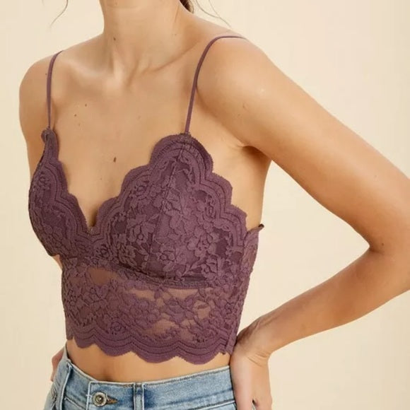 Plum Sheer Lace Longline Brami Womens Scalloped Bralette