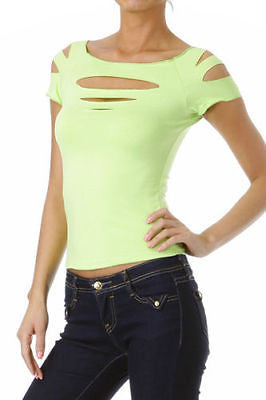 Short Sleeve Top Solid Slashed Laser Cut Keyhole Stretchy Tight Club