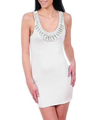 Dress Mini Beaded Jeweled Scoop Neckline White Stretch Bodycon Sexy