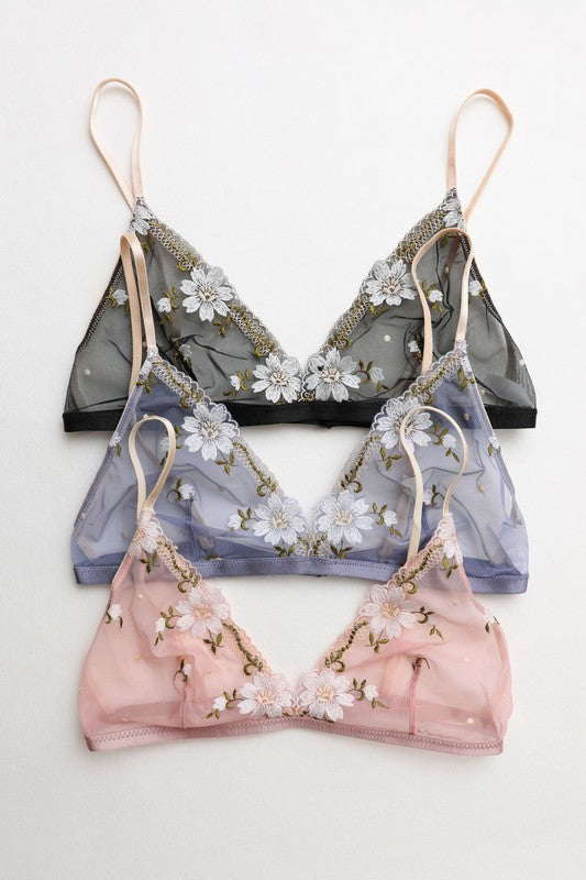 Periwinkle Pink Black Mesh Flower Embroidered Sheer Mesh Bralette