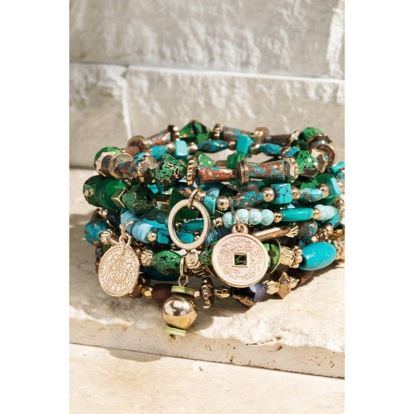 Green Hidden Valley Multi Layer Natural Stone Charm Boho Stretch Bracelet Set