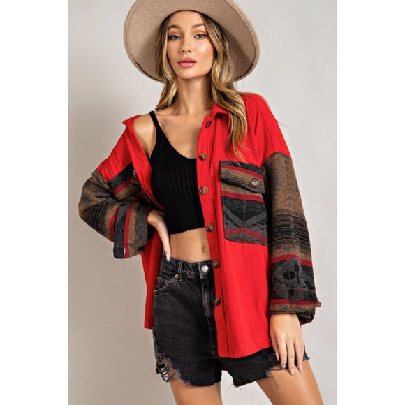 Red Corduroy Aztec Tribal Western Printed Shacket Shirt Jacket