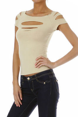 Short Sleeve Top Solid Slashed Laser Cut Keyhole Stretchy Tight Club