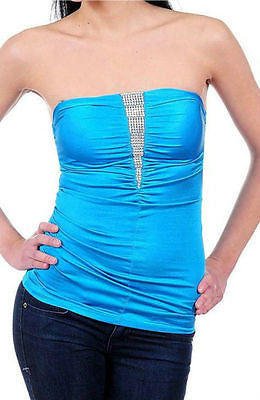 Strapless Tube Top Rhinestone Sparkling Satin Solid Shirred Stretch Club