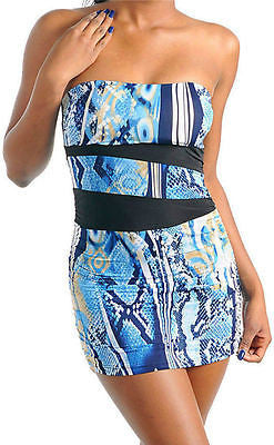 Dress Mini Sexy Stretch Strapless Blue Animal Snake Printed Club