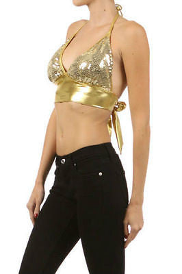 Womens Crop Top Sequin Shiny Metallic Lame Sparkling Sexy Club