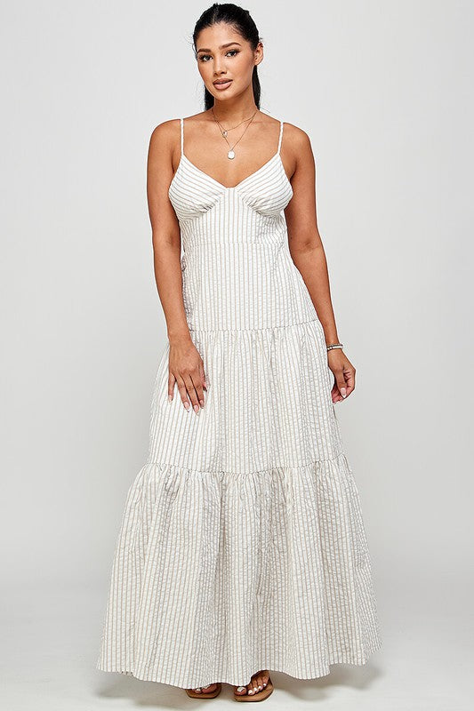 White & Beige Stripe Cross Backless Strap Ruffle Maxi Dress