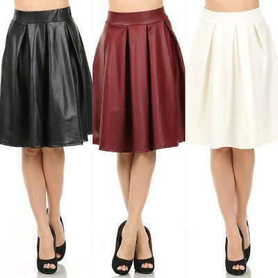 Skirt Faux Leather Circle Pleated Women Sexy High Waist Knee Length