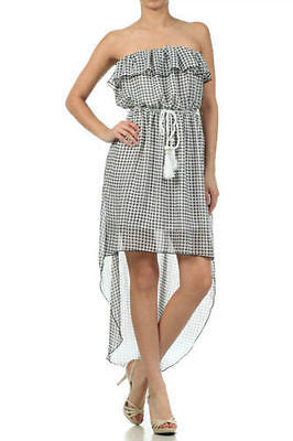 Dress Sheer Chiffon Hi Low Hem Checkered Flounce Strapless Summer Mint