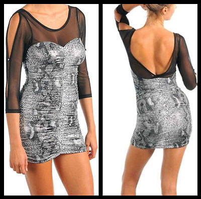 Dress Animal Snakeskin Shimmer Mini Club Sexy Mesh Slit Sleeve See Thru