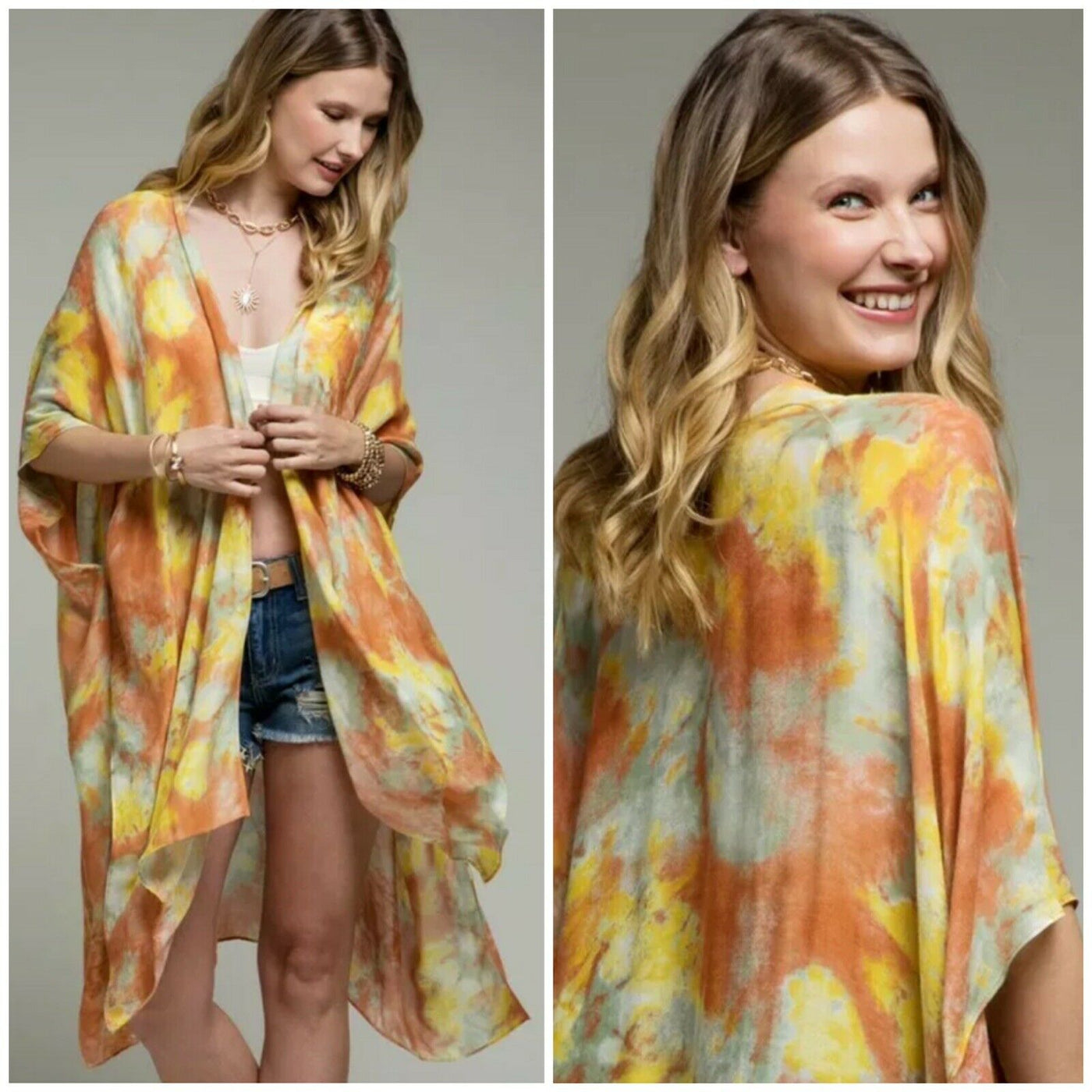 Dreamy Sunrise Water Color Inspired Tie Dye Kimono Boho Open Wrap Casual Womens