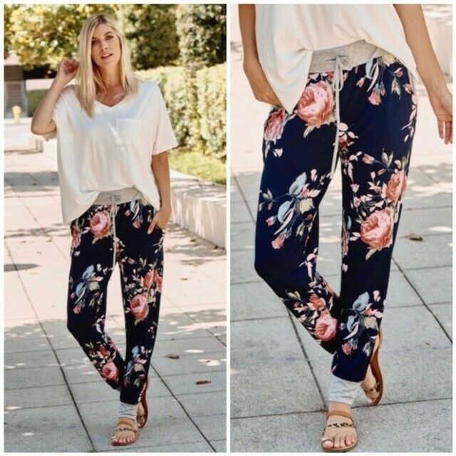 Navy Floral Print Casual Jogger Sweatpants Lounge Pants Womens