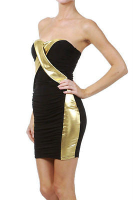 Dress Sexy Club Cocktail Gold Metallic Strapless Womens Mini Stretch Bodycon