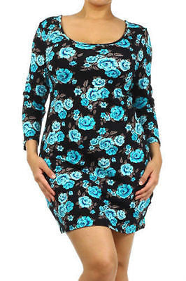 Dress Plus Floral Casual Spring 3/4 Sleeve Knit Bodycon Mini Sexy