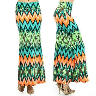 Skirt Chevron Neon Maxi Full Length Casual High Waist Bright Sexy Stretch