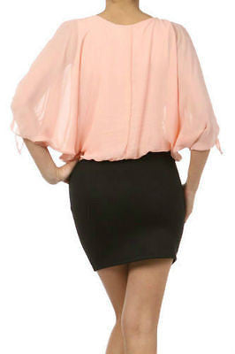 Dress Chiffon Blouson Pastel Spring 2 IN 1 Slit Sleeves Mini Sheer