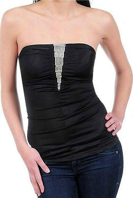 Strapless Tube Top Rhinestone Sparkling Satin Solid Shirred Stretch Club