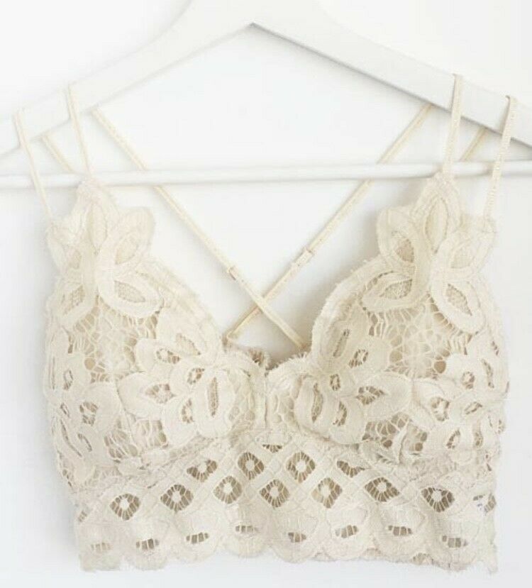 Cream Double Strap Scallop Crochet Lace Bralette Womens