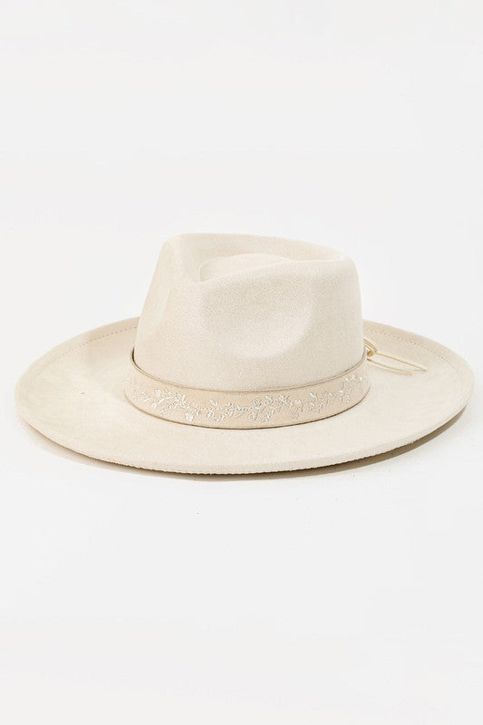 Ivory Embroidered Flower Strap Fedora Hat