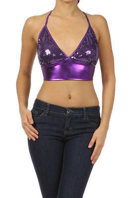 Womens Crop Top Sequin Shiny Metallic Lame Sparkling Sexy Club