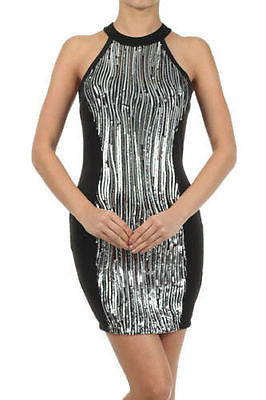 Dress Cocktail Sequin Gold Sparkling Textured Panel Halter Sexy Mini