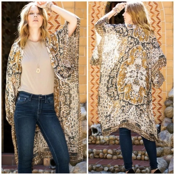 Charcoal & Mustard Boho Mandala Kimono Wrap Womens One Size