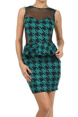 Houndstooth Dress Cocktail Peplum Ruffle Sheer Mesh Sleeveless Mini Party