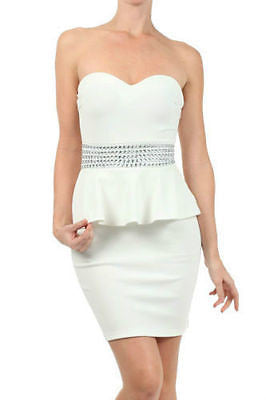 Dress Peplum Cocktail White Sexy Rhinestone Strapless Sweetheart Stretch