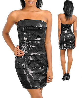 Dress Cocktail Sequin Black Ruffle Tulle Sparkling Strapless Mini Formal