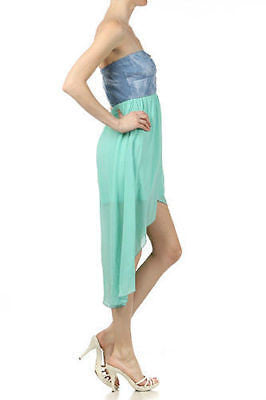 Dress Denim Chiffon Strapless 2 in 1 High Low Hemline Sweetheart Neckline