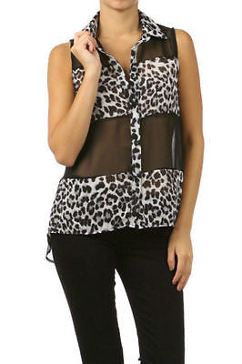 Top Chiffon Leopard Sheer Sleeveless Black High Low Hem Sexy