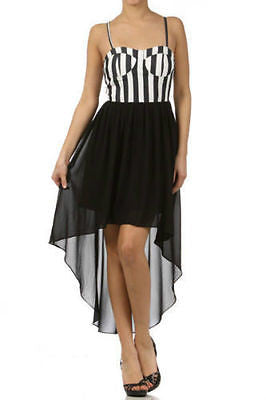 Dress Striped Chiffon Hi Low Hem 2 IN 1 Casual Sheer Sweetheart Neckline