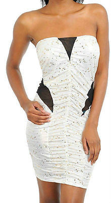 Dress Strapless Sequin Gold Ivory See Thru Mesh Sexy Club Foil Metallic Tube