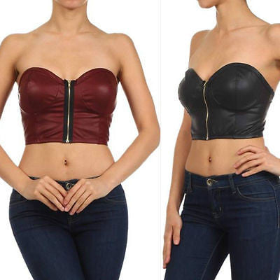 Faux Leather Crop Bustier Strapless Zipper Club Sexy Sweetheart