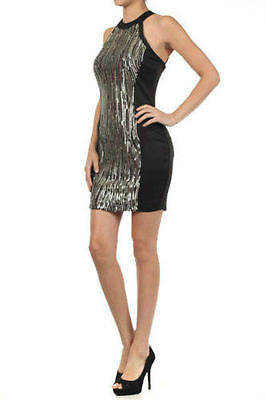 Dress Cocktail Sequin Gold Sparkling Textured Panel Halter Sexy Mini