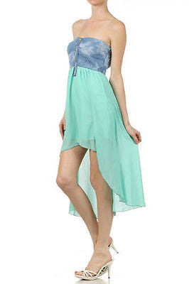 Dress Denim Chiffon Strapless 2 in 1 High Low Hemline Sweetheart Neckline