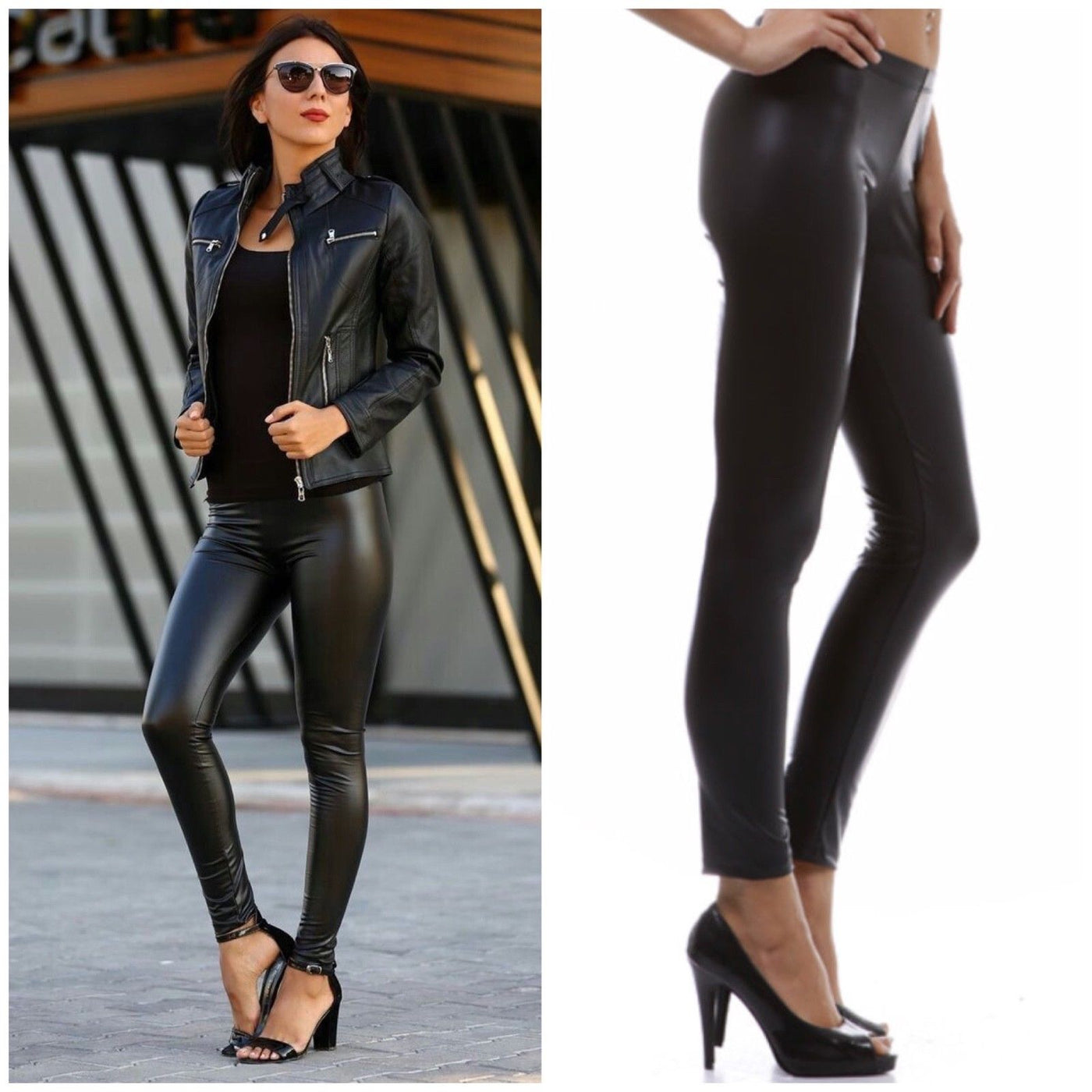 Black Matte Vegan Faux Leather Leggings Stretch Pants S M L