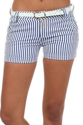 S M L Shorts Striped Blue Pink Nautical Belted Stretch Casual Fashion Summer New