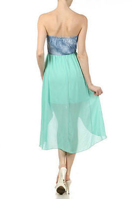 Dress Denim Chiffon Strapless 2 in 1 High Low Hemline Sweetheart Neckline