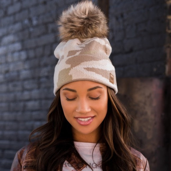 Tan & White Knit Camo Camouflage Women's Faux Fur Pompom Winter Beanie Hat