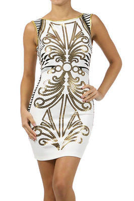 Woman Dress Bodycon Ornate Metallic Print Low Back Stretch Sleeveless