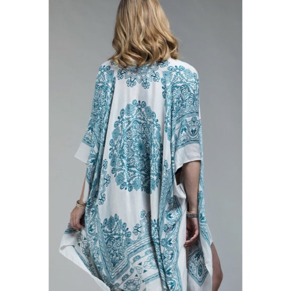 Teal & White Paisley Boho Gypsy Open Kimono Wrap Coverup Casual Women's