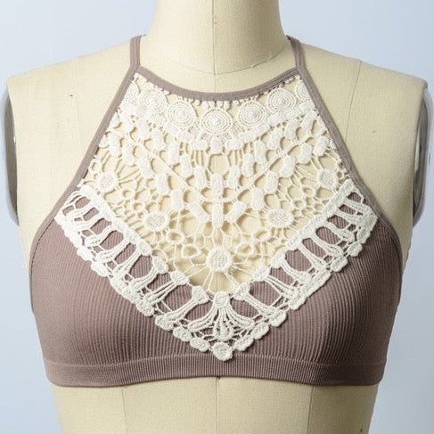 Black Ivory Mocha Sage Blush Boho Crochet Lace Detail High Neck Bralette