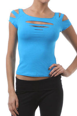 Short Sleeve Top Solid Slashed Laser Cut Keyhole Stretchy Tight Club